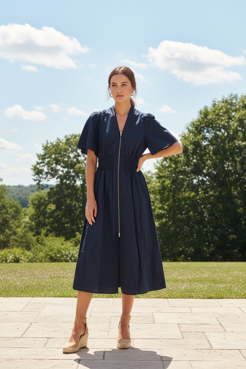 she and sky midi dress Zip It & Pocket It Mini-Midi Olive / S Tumble dry low Color:Burnt Cinnamon loose fitting dresses Theory 6 Linen Blend