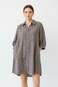 N7019 Checkered Button Down Puff Sleeve Tiered Dress