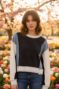Frayed Color Block Long Sleeve Pullover