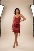 Sleeveless Cowl Neck Woven Ruched Dress