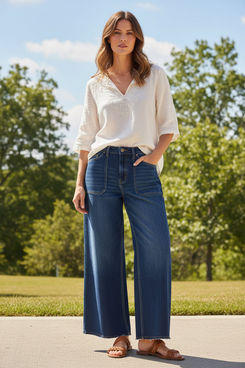 High Rise Wide Leg Patch Pocket