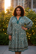 Plus 3/4 Sleeve Border Print Woven Tiered Mini Dress With Pockets