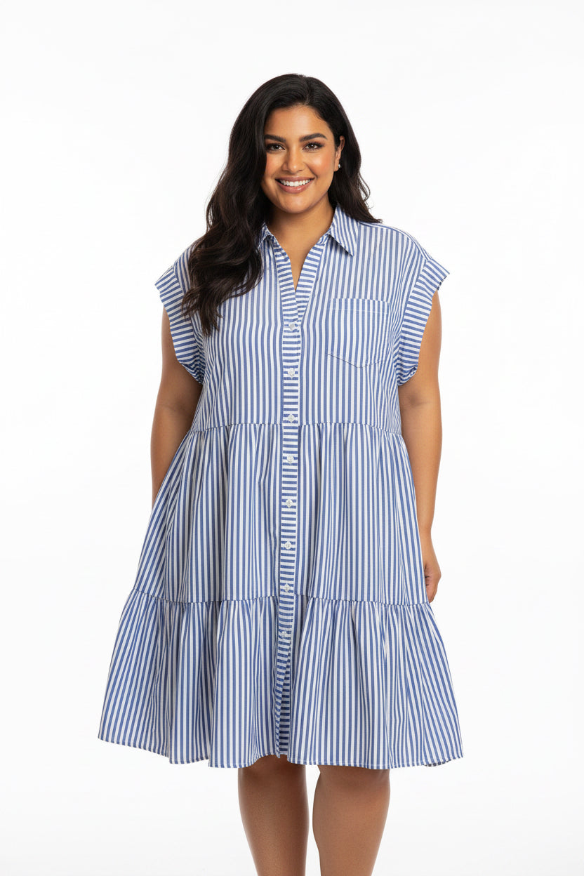 Stripe Cap Sleeve Tiered Button Down Mini Dress