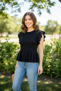 C5671-T Linen Blend Scalloped Sleeve Smocked Top
