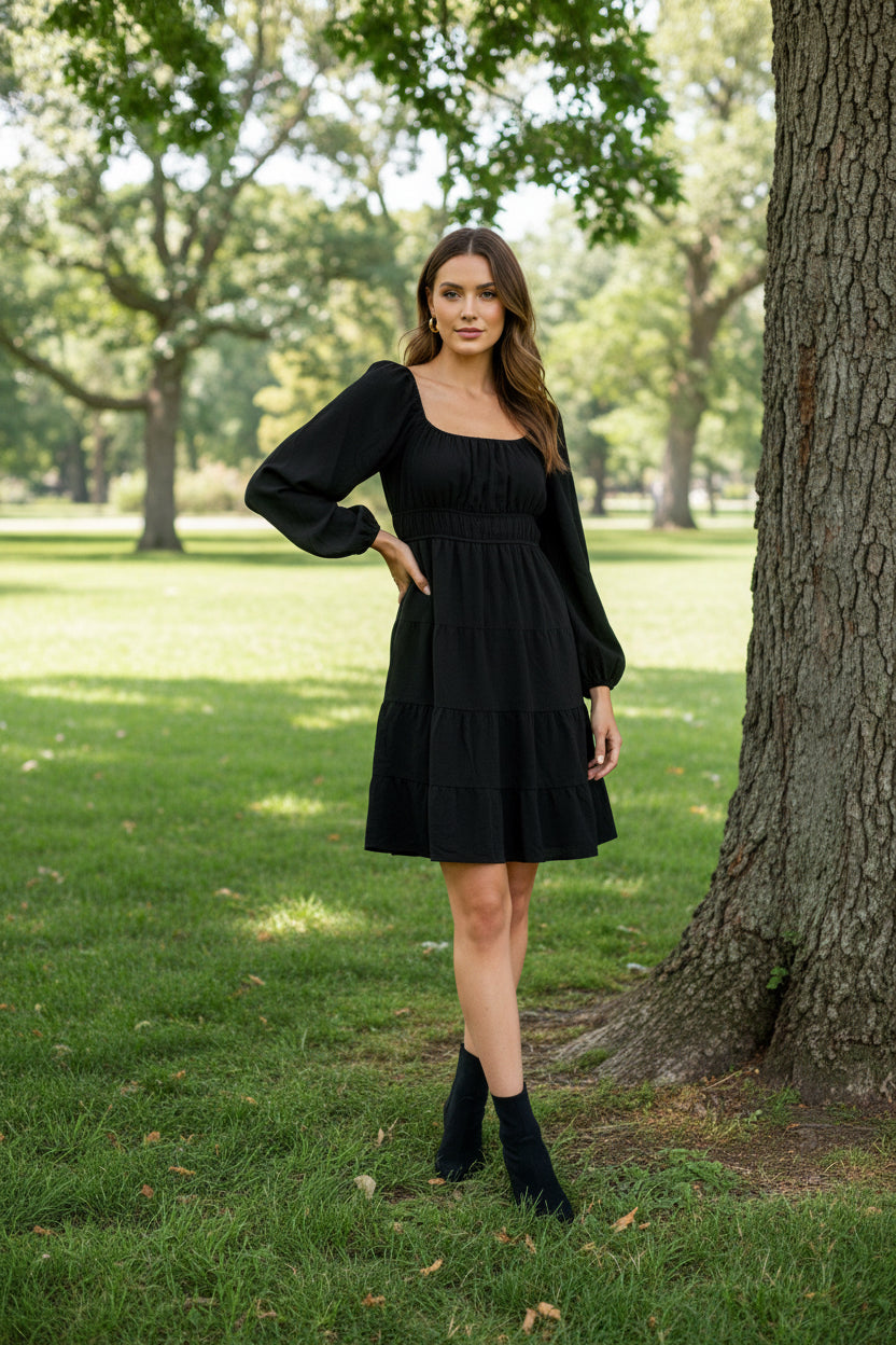 Long Sleeve Woven Tiered Dress With Elastic Waist And Pockets