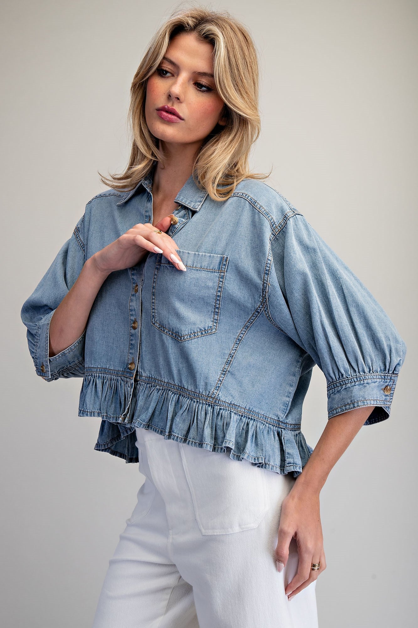 Ruffled Hem Button Down Denim Top