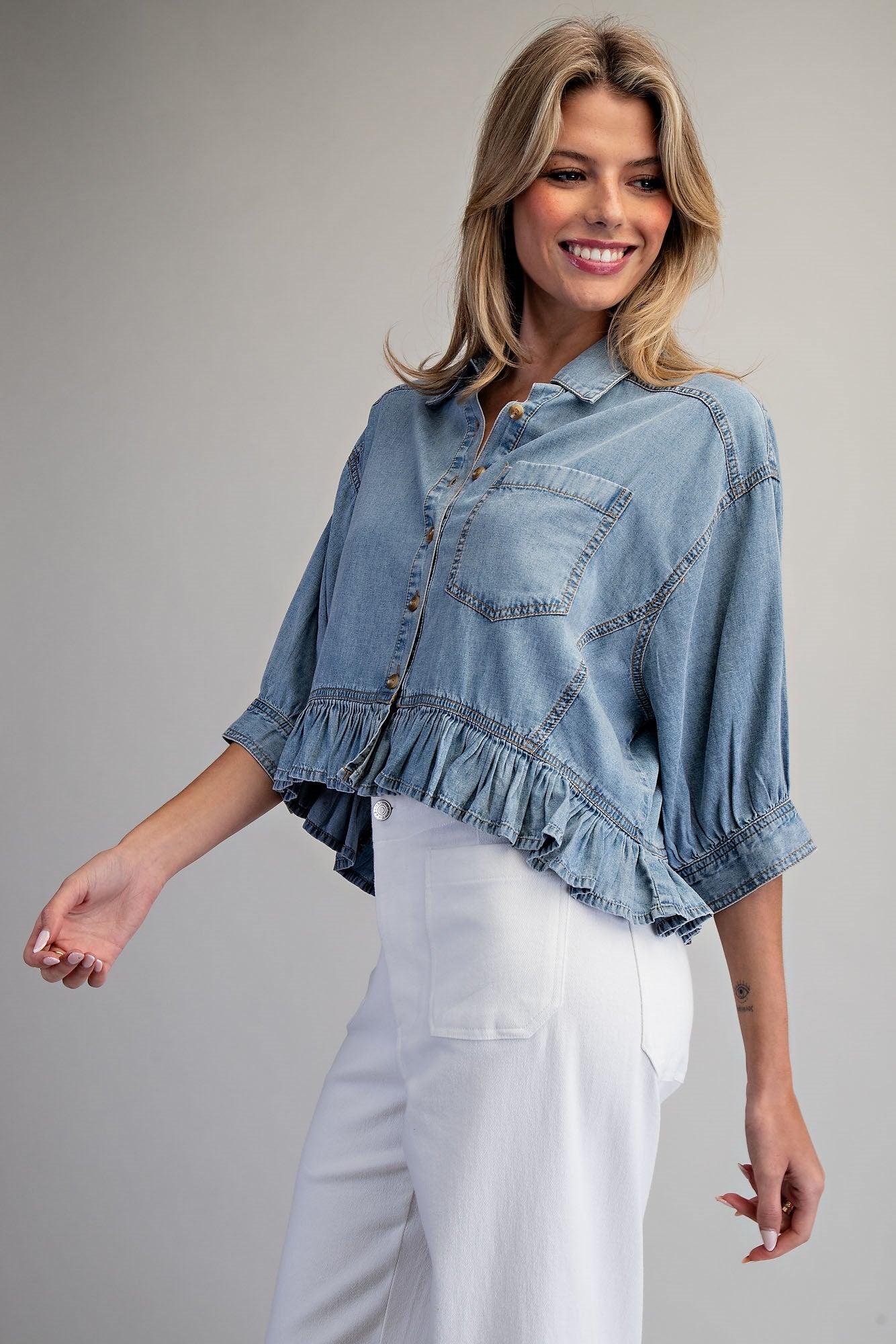 Ruffled Hem Button Down Denim Top