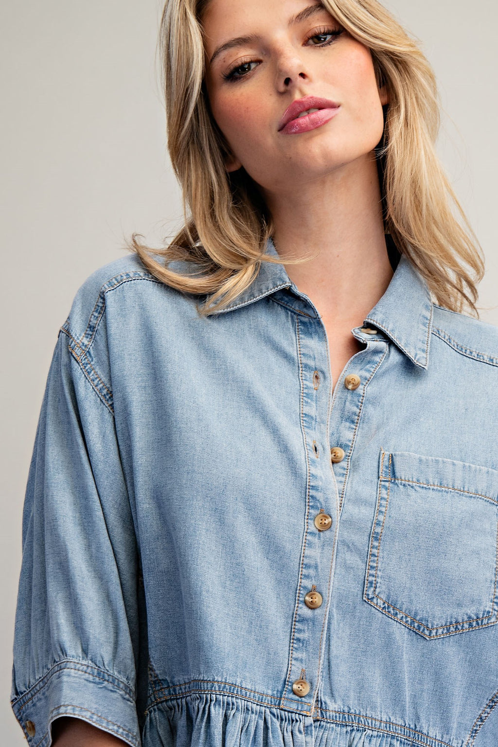 Ruffled Hem Button Down Denim Top