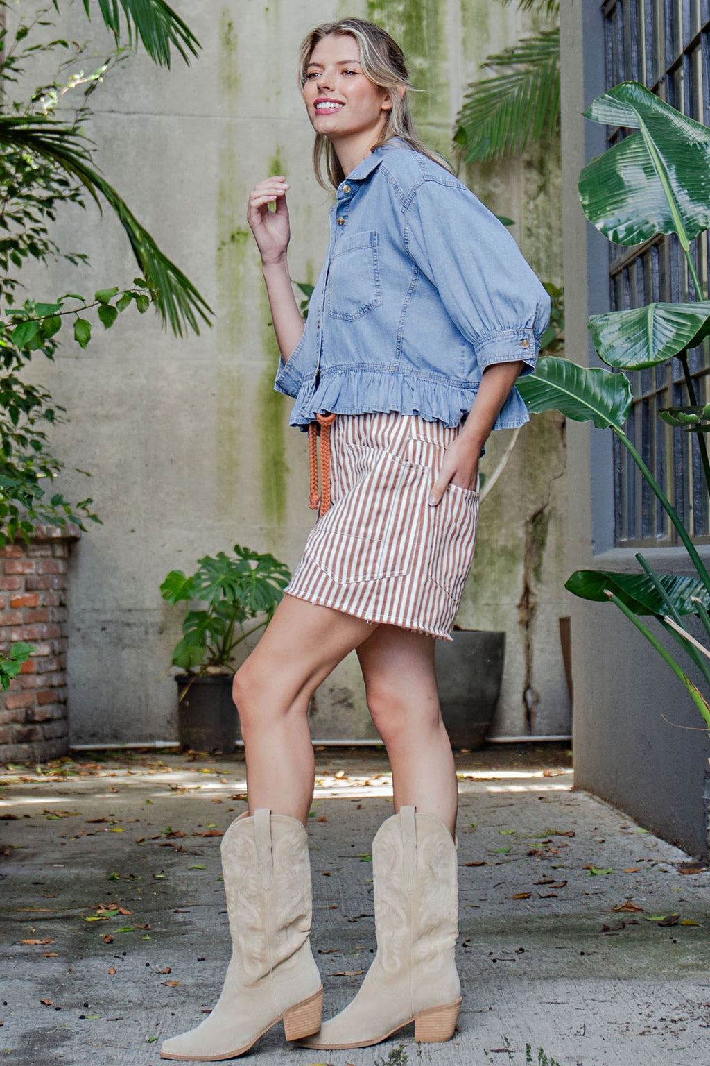 Ruffled Hem Button Down Denim Top
