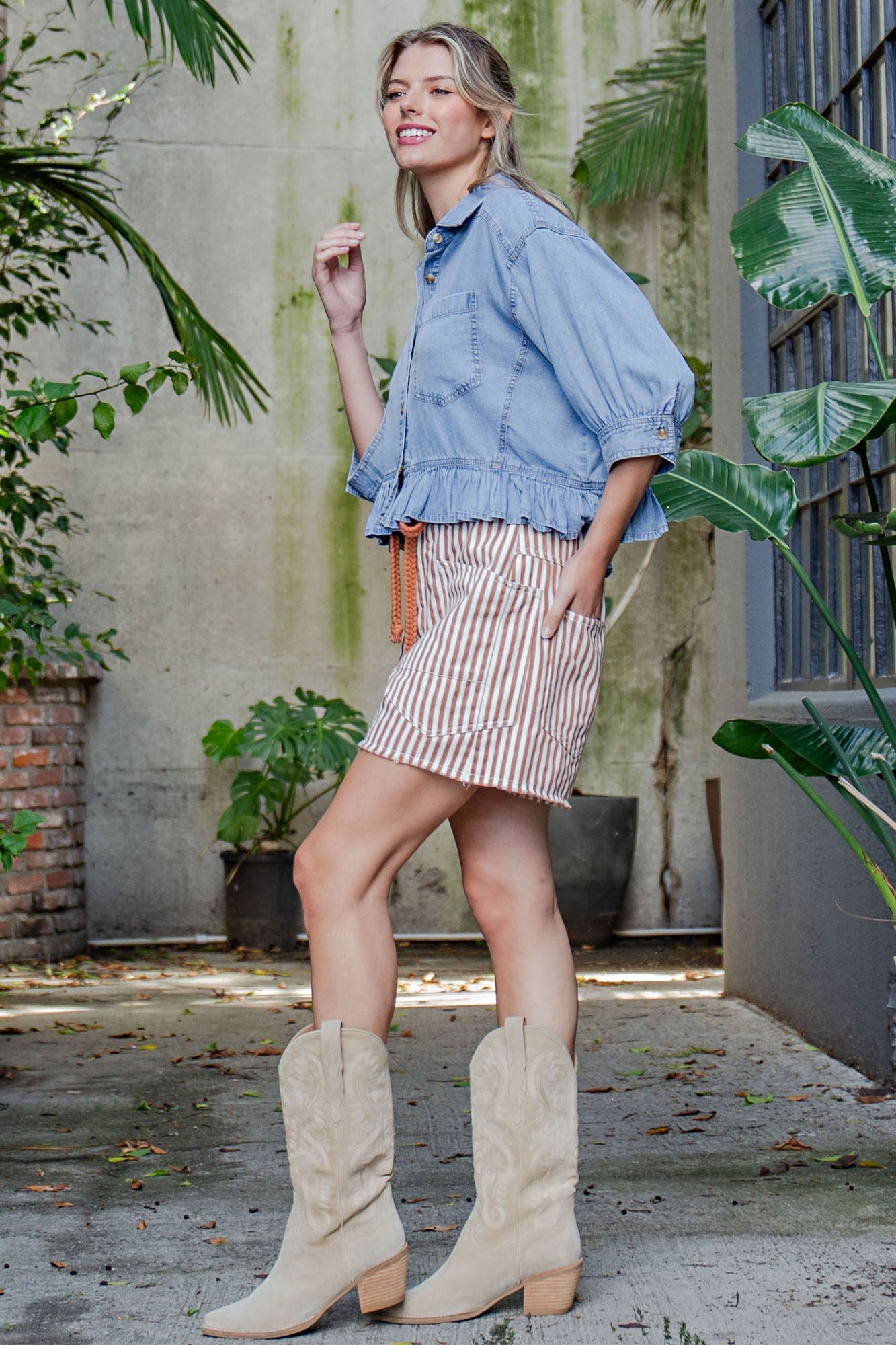 Ruffled Hem Button Down Denim Top