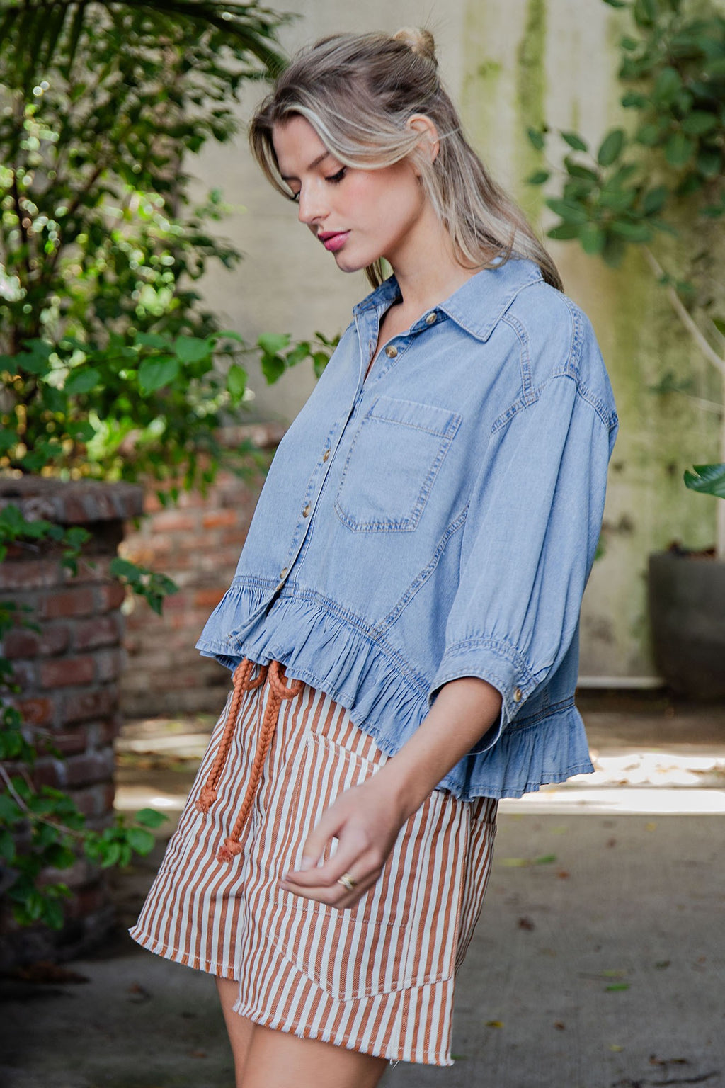 Ruffled Hem Button Down Denim Top