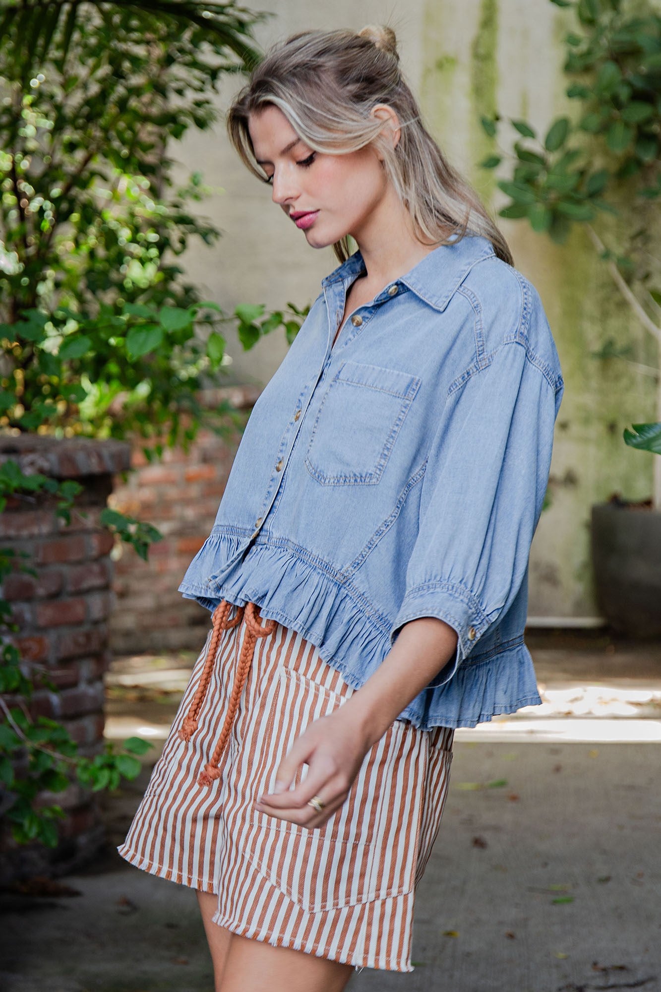 Ruffled Hem Button Down Denim Top
