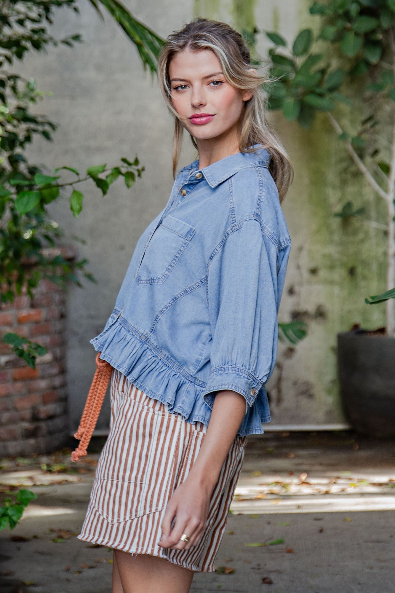 Ruffled Hem Button Down Denim Top