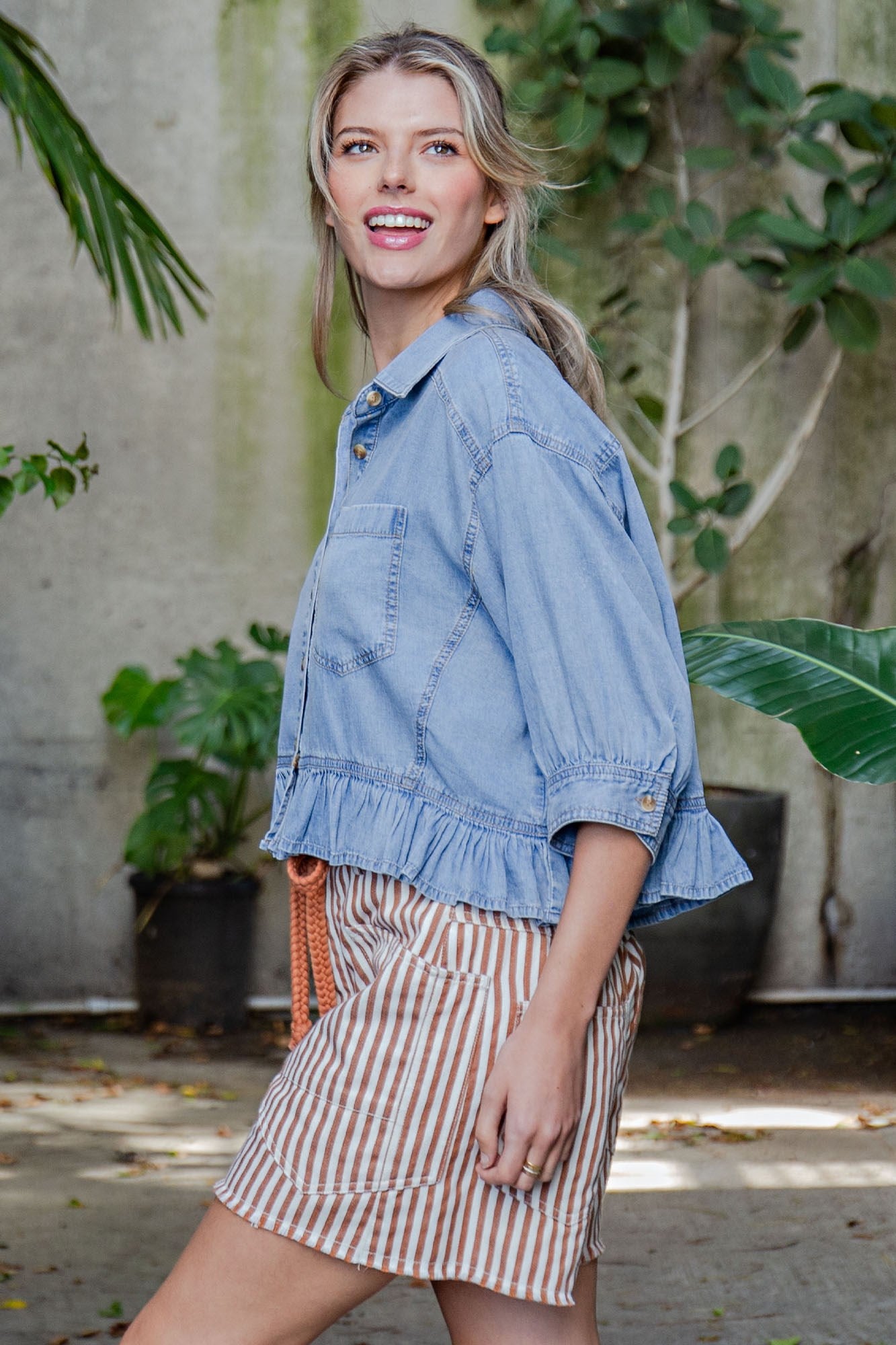 Ruffled Hem Button Down Denim Top