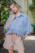 Ruffled Hem Button Down Denim Top