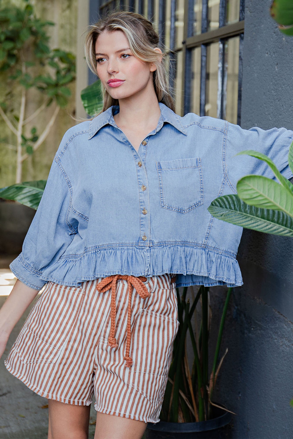 Ruffled Hem Button Down Denim Top