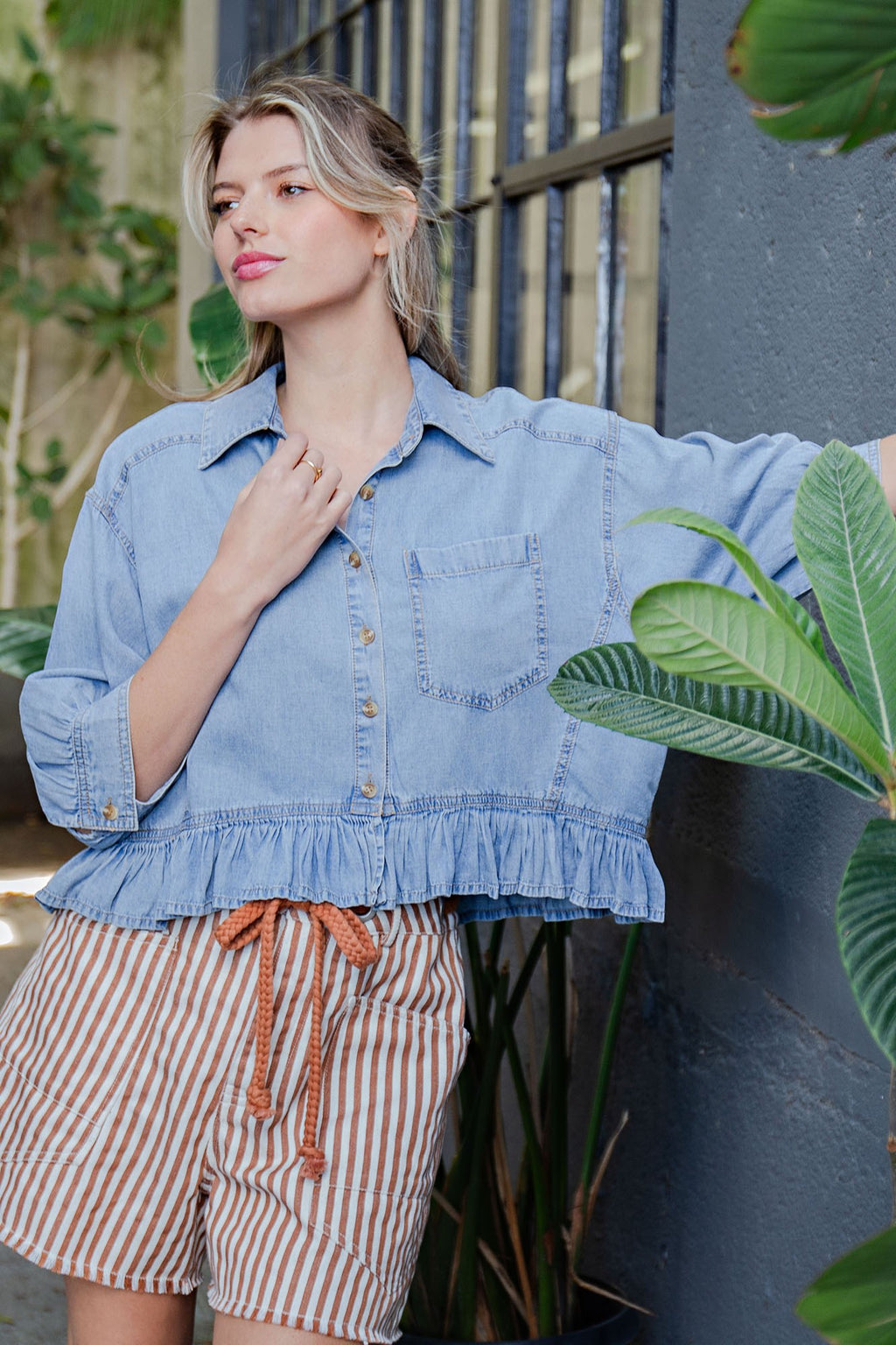 Ruffled Hem Button Down Denim Top