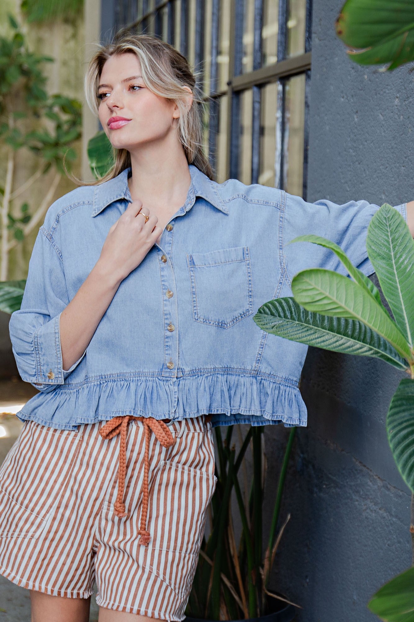 Ruffled Hem Button Down Denim Top