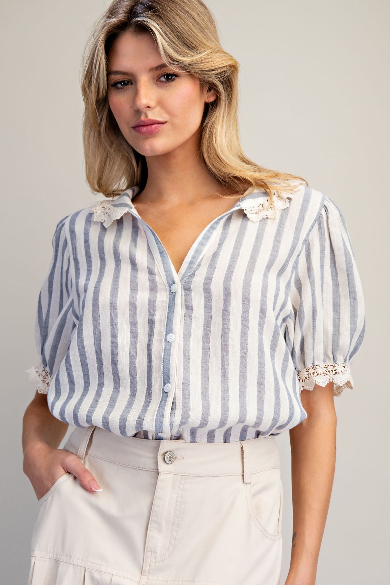 Coastal Charm Lace Collar Blouse