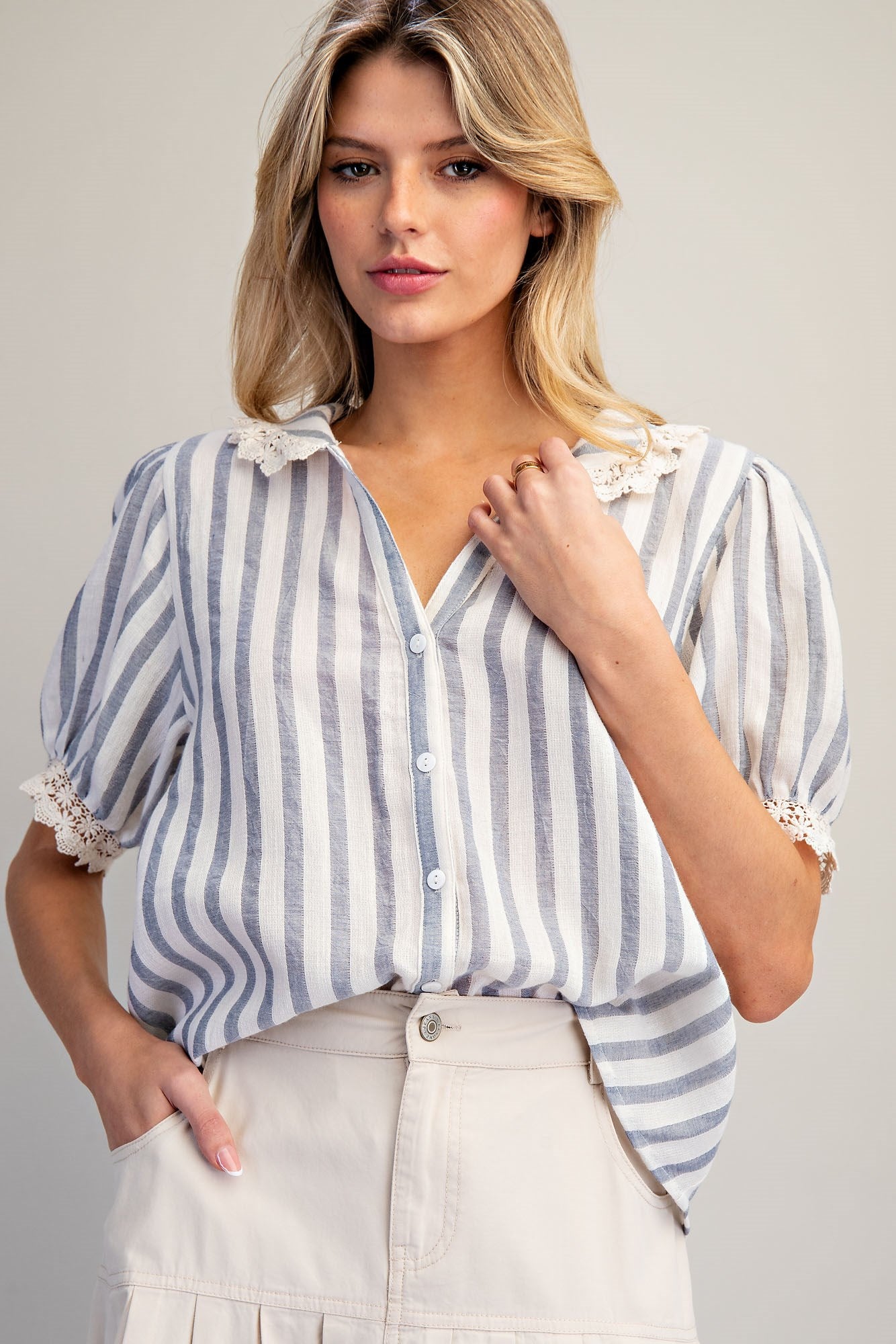 Coastal Charm Lace Collar Blouse