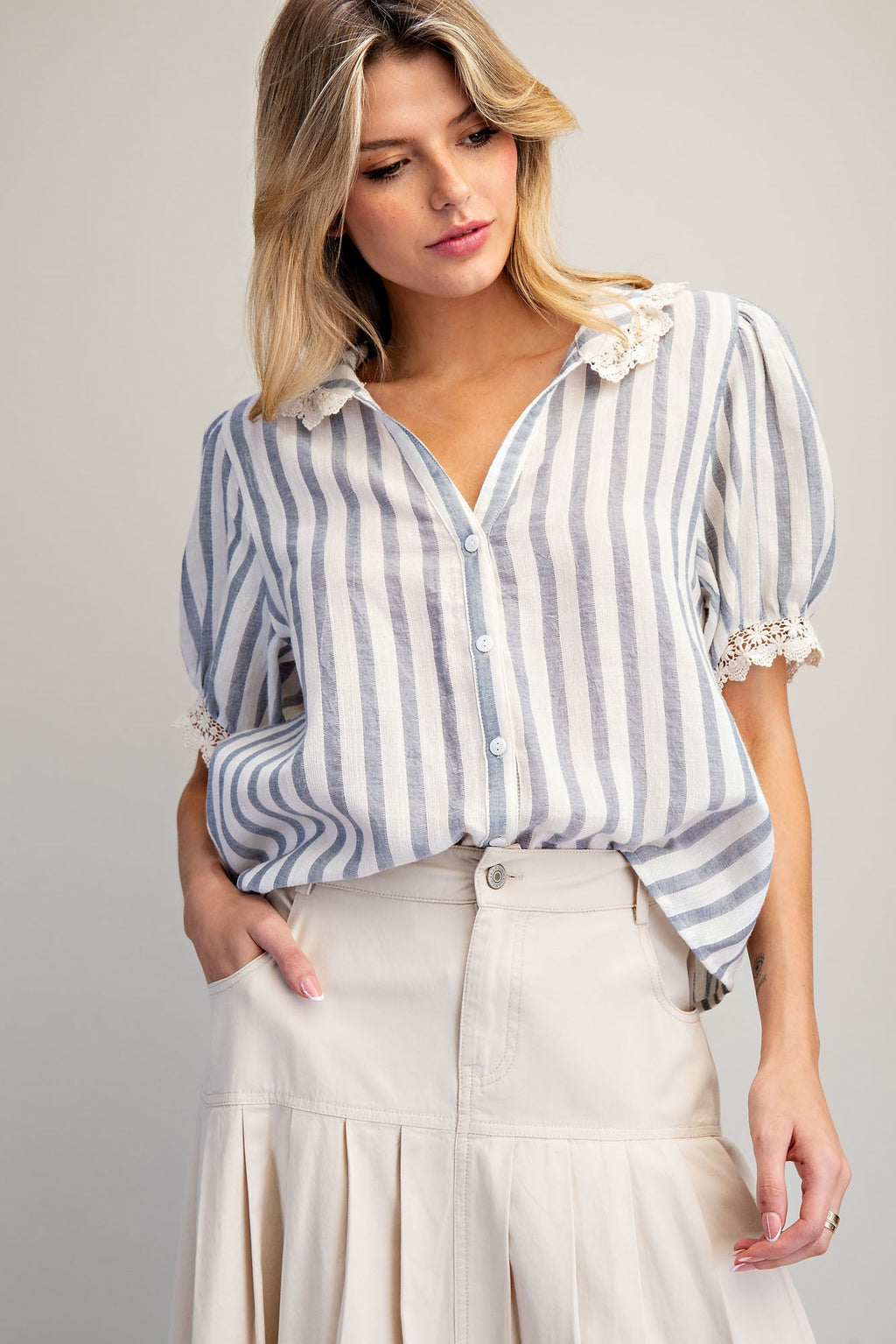 Coastal Charm Lace Collar Blouse