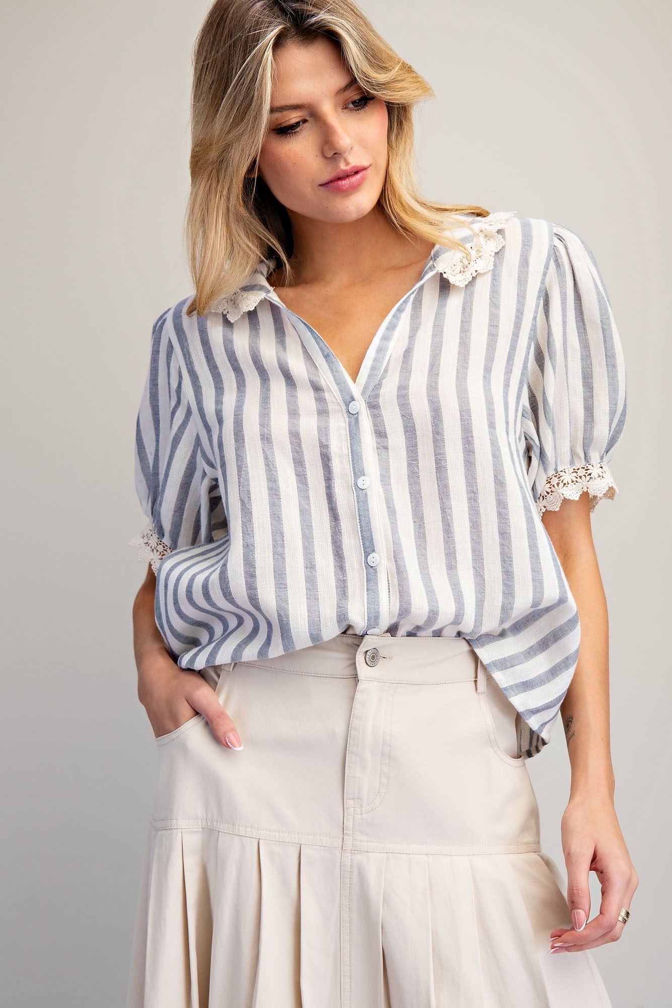 Coastal Charm Lace Collar Blouse