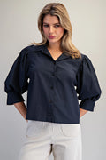 Solid Puff Sleeve Button Down Blouse