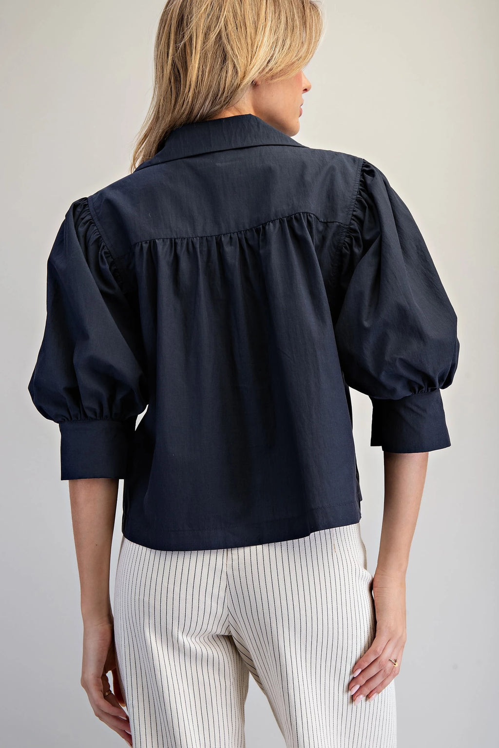 Solid Puff Sleeve Button Down Blouse