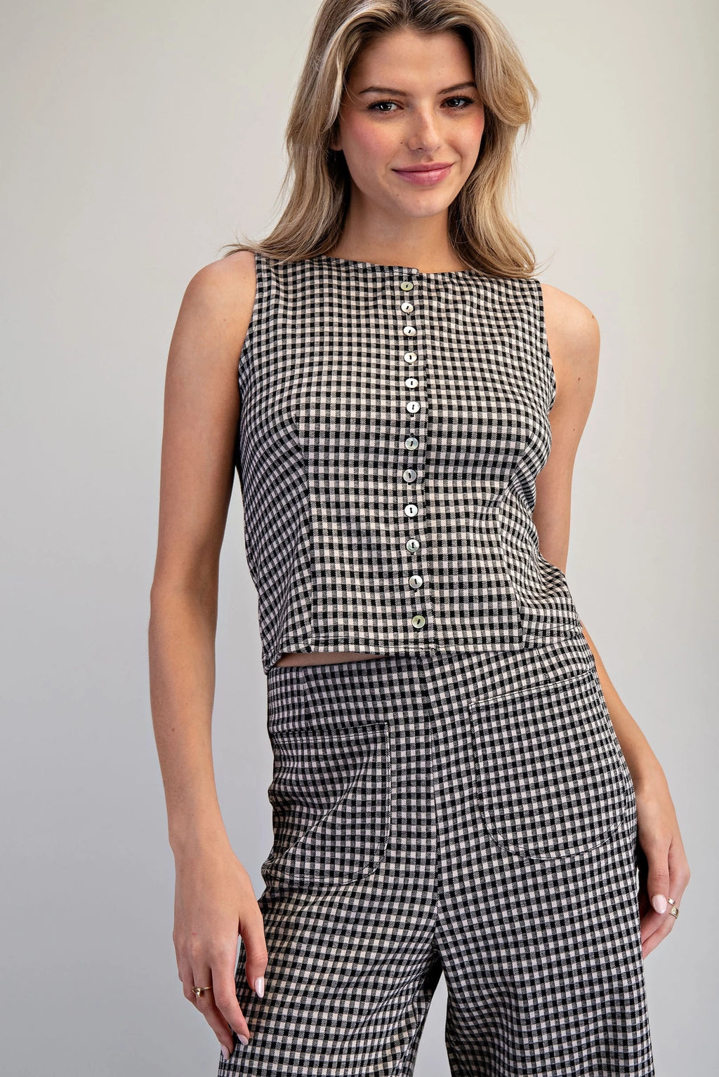 Gingham Ease Button-Front Tank