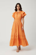 Ruffled Sleeve Waist Elastic Side Pocket Midi Dress