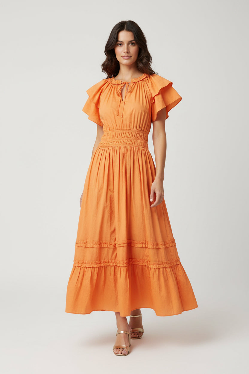 Ruffled Sleeve Waist Elastic Side Pocket Midi Dress