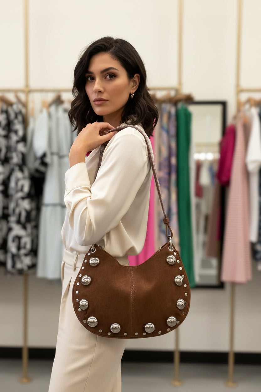 Studded Suede Shoulder Bag