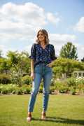 Short Sleeve Ruffled Neck Printed Top