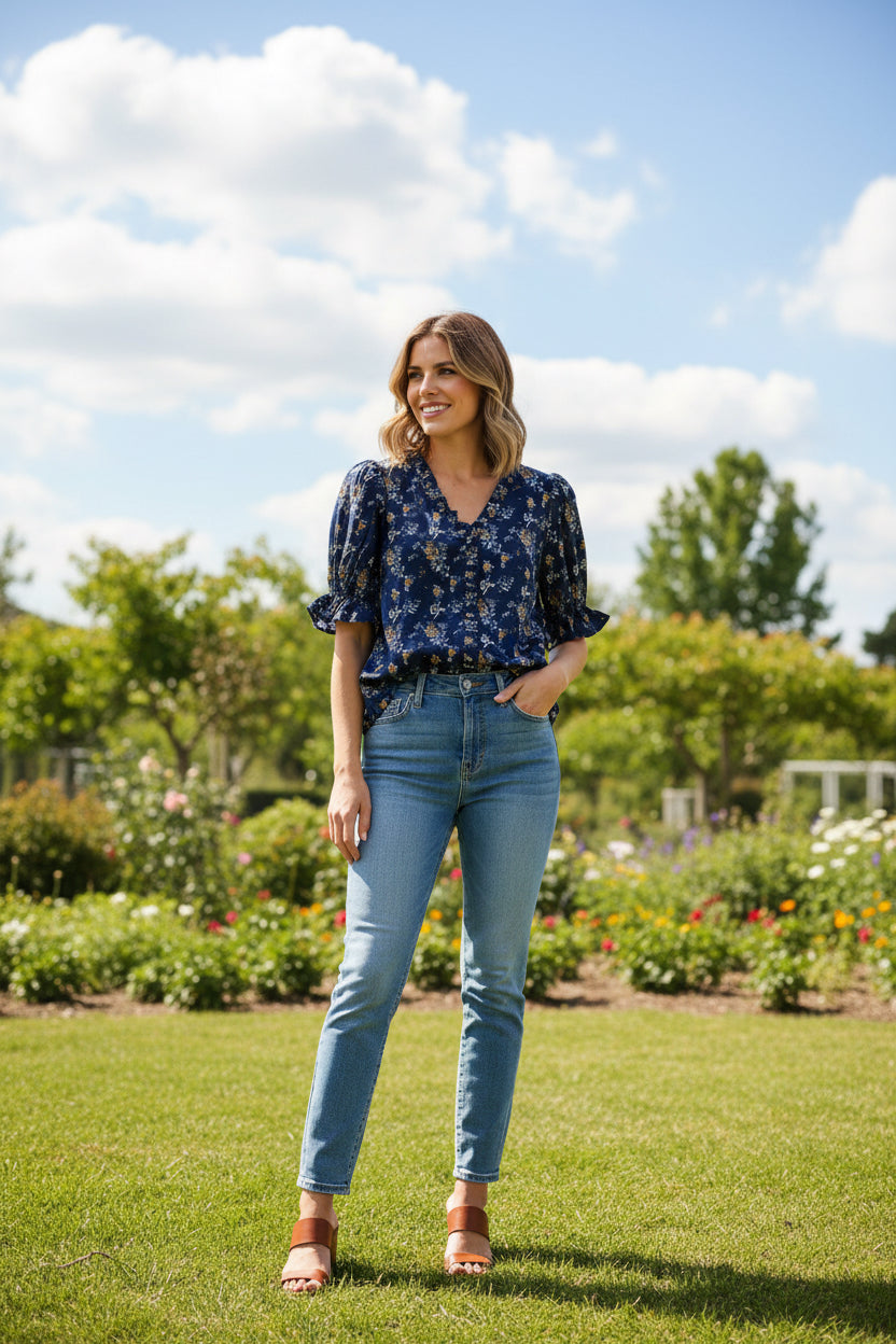 Short Sleeve Ruffled Neck Printed Top