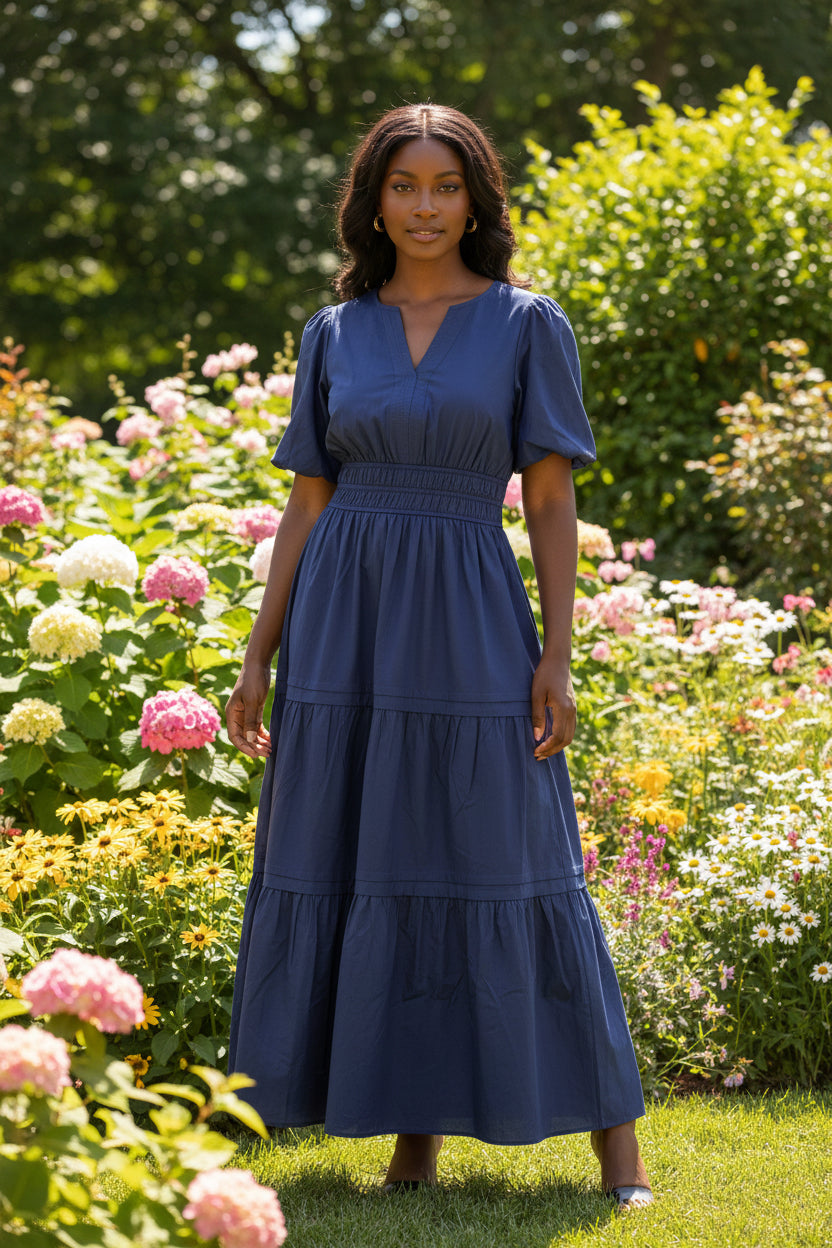Navy Short Sleeved V-Neck Dress w/ Pockets