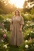 Plus Balloon Sleeve Woven Tiered Wrap Dress With Side Pockets