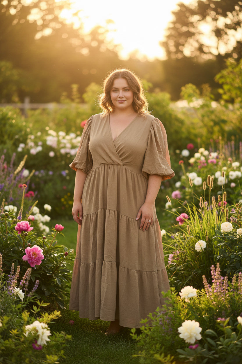 Plus Balloon Sleeve Woven Tiered Wrap Dress With Side Pockets