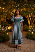 Short Bubble Sleeve Smocked Top Striped Midi Dress With Pockets