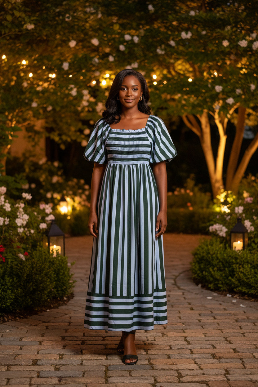 Short Bubble Sleeve Smocked Top Striped Midi Dress With Pockets