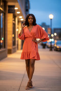 Ruffled Dolman Sleeve Waist Elastic Woven Dress