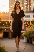 Dolman Sleeve Surplice Woven V Neck Dress With Side Tie