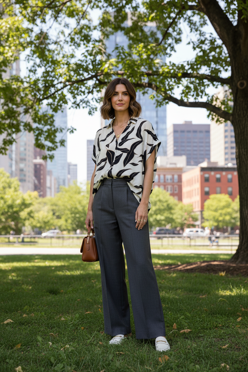 Plus Drop Shoulder Collared Printed Woven Top