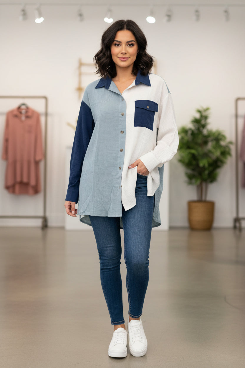 Plus Long Sleeve Gauze Color Block Shirt Top With Pocket