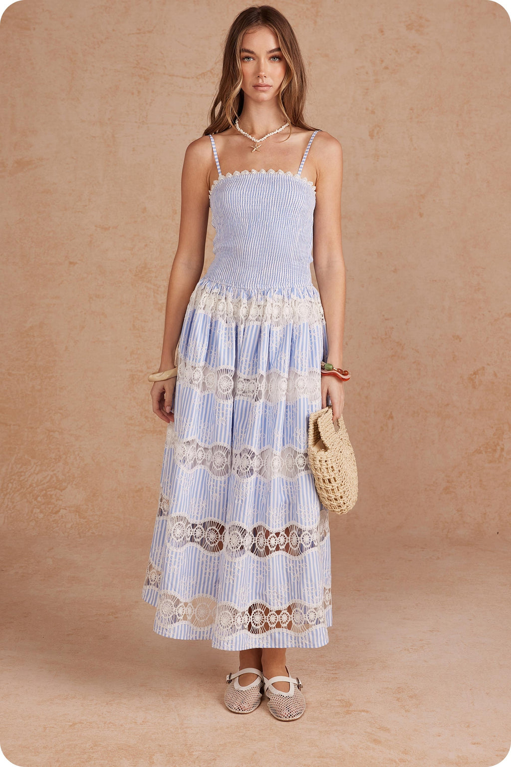 Embroidery Stripe Sleeveless Long Dress
