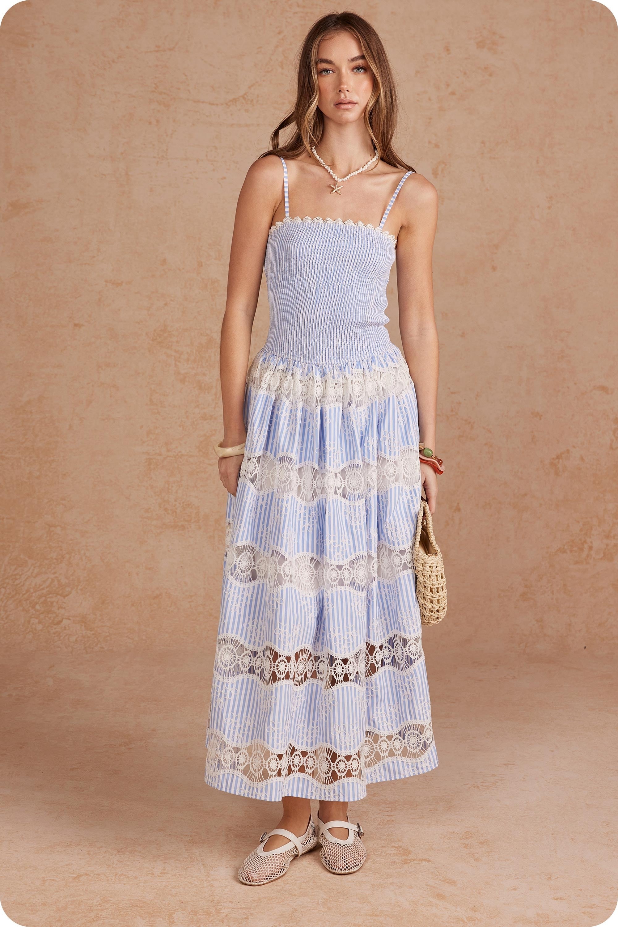Embroidery Stripe Sleeveless Long Dress