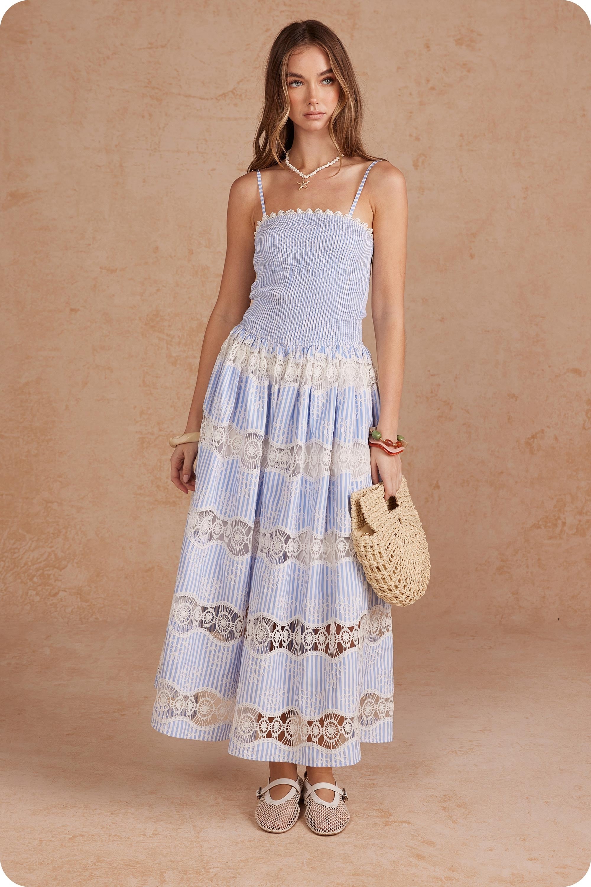 Embroidery Stripe Sleeveless Long Dress