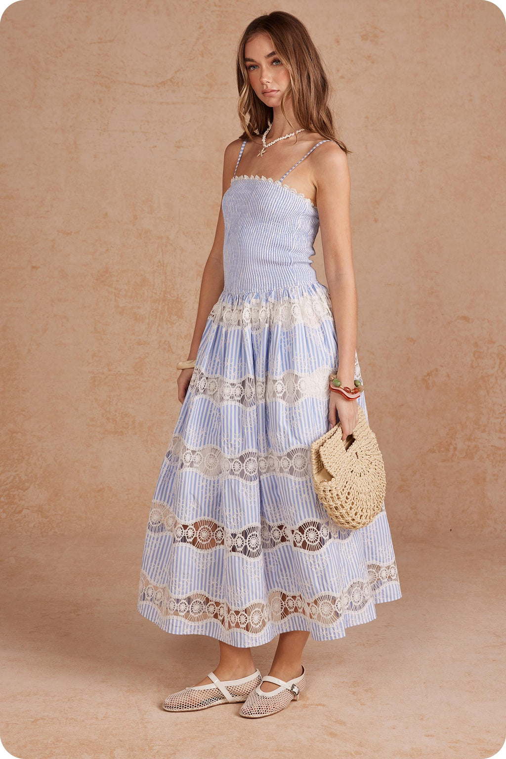 Embroidery Stripe Sleeveless Long Dress