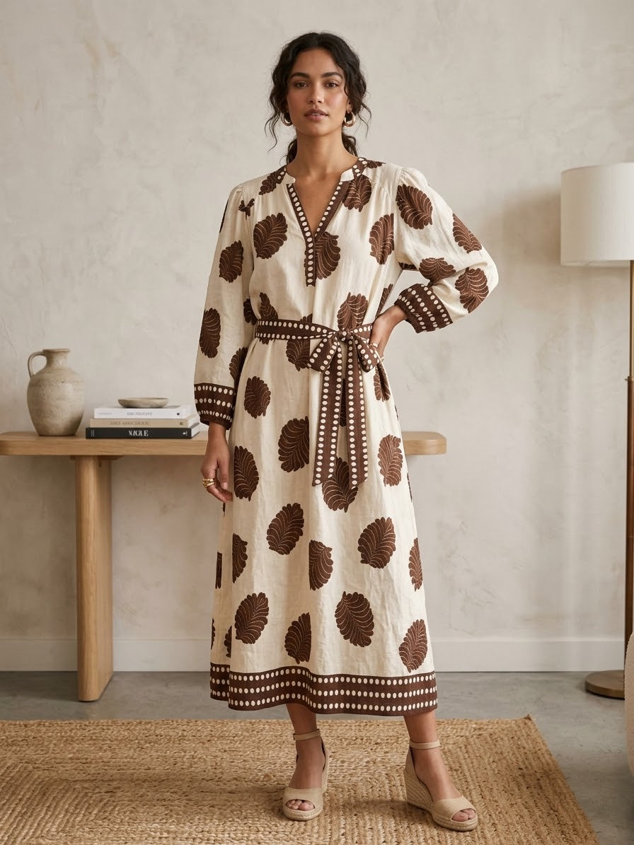 Mix Leaf Print Belted Midi Dress