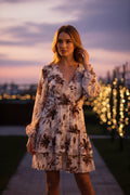 Long Sleeve Woven Print Surplice Mini Tiered Dress with Elastic Waistband