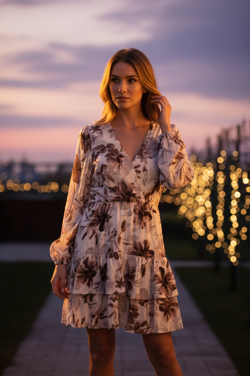 Long Sleeve Woven Print Surplice Mini Tiered Dress with Elastic Waistband